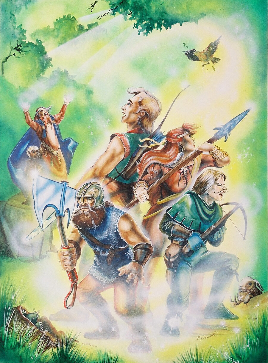 Four adventurers charge out of a forest, swords and spears raised.
